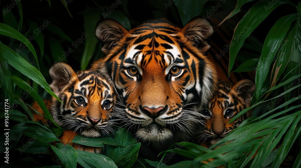 Female Tiger With Cubs In A Zoo In Daylight Female Tiger With Cubs In A Zoo In Daylight