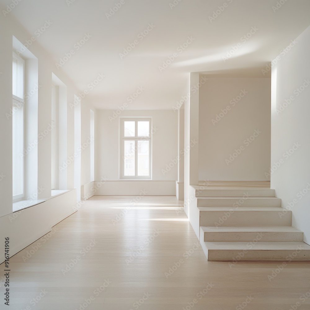 A large, empty room with a white staircase and a window. The room is very clean and has a minimalist feel to it A large, empty room with a white staircase and a window. The room is very clean and has a minimalist feel to it