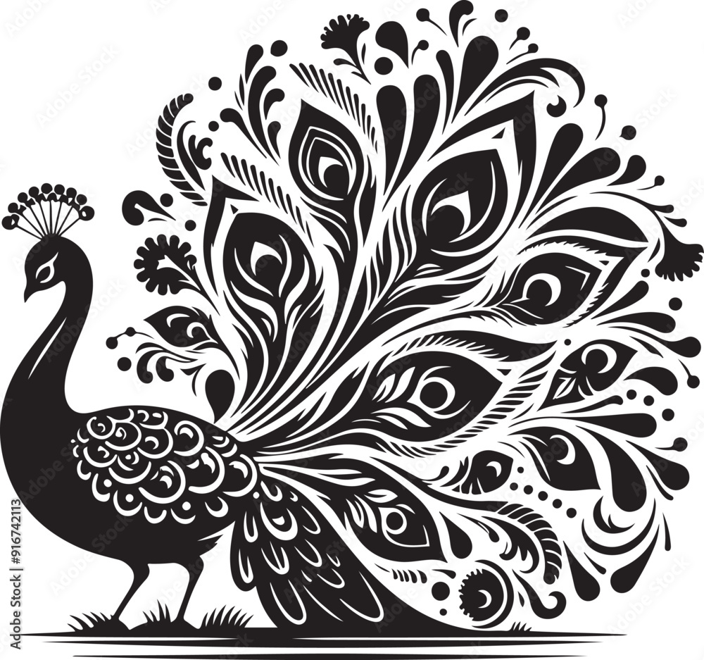 A striking peacock silhouette stands proudly, its magnificent tail feathers fanned out in a mesmerizing display of grandeur. The elegant curves and intricate details exude grace, beauty, and regal pre A striking peacock silhouette stands proudly, its magnificent tail feathers fanned out in a mesmerizing display of grandeur. The elegant curves and intricate details exude grace, beauty, and regal pre