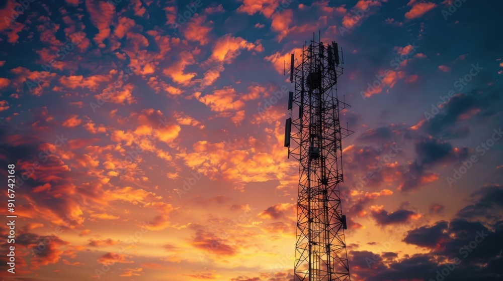 Fototapeta premium Silhouette of an abstract telecommunication tower Antenna and satellite dish at sunset sky background.