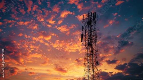 Silhouette of an abstract telecommunication tower Antenna and satellite dish at sunset sky background.