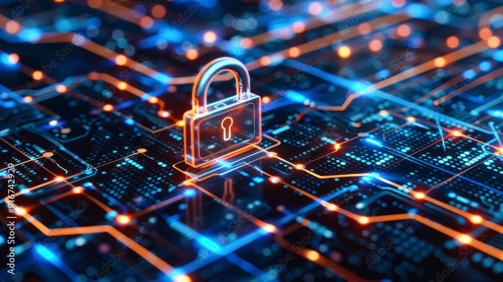 Digital security lock on circuit board. A glowing lock icon on a futuristic circuit board, symbolizing data security and protection. Digital security lock on circuit board. A glowing lock icon on a futuristic circuit board, symbolizing data security and protection.