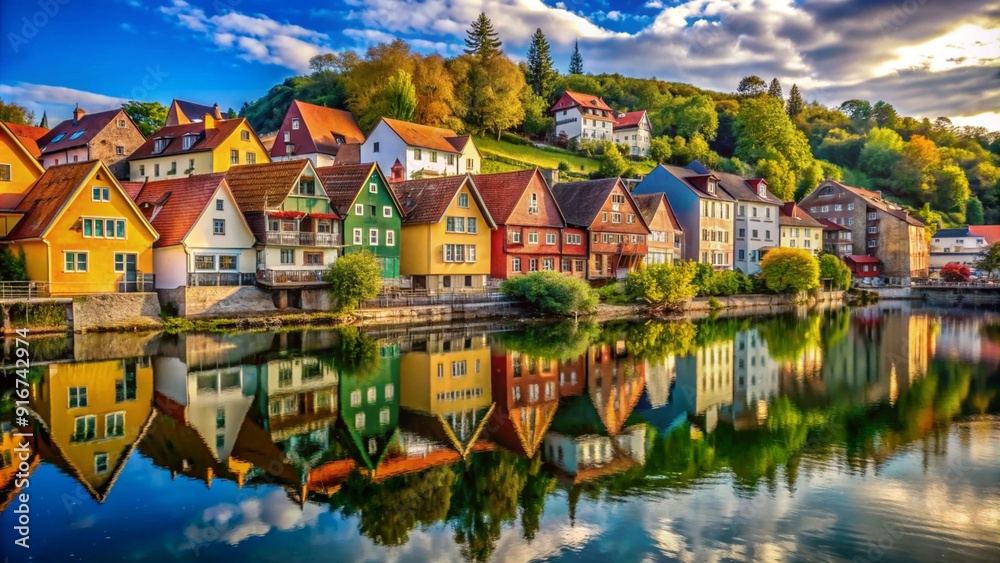Naklejka premium A picturesque village along a river, with charming houses lining the riverbank, their colorful facades reflected in the water below.