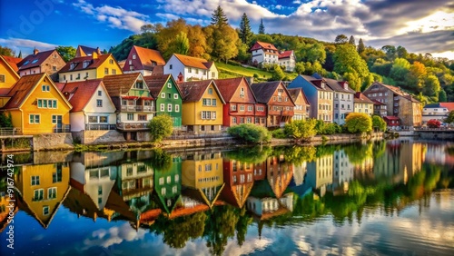 A picturesque village along a river, with charming houses lining the riverbank, their colorful facades reflected in the water below.