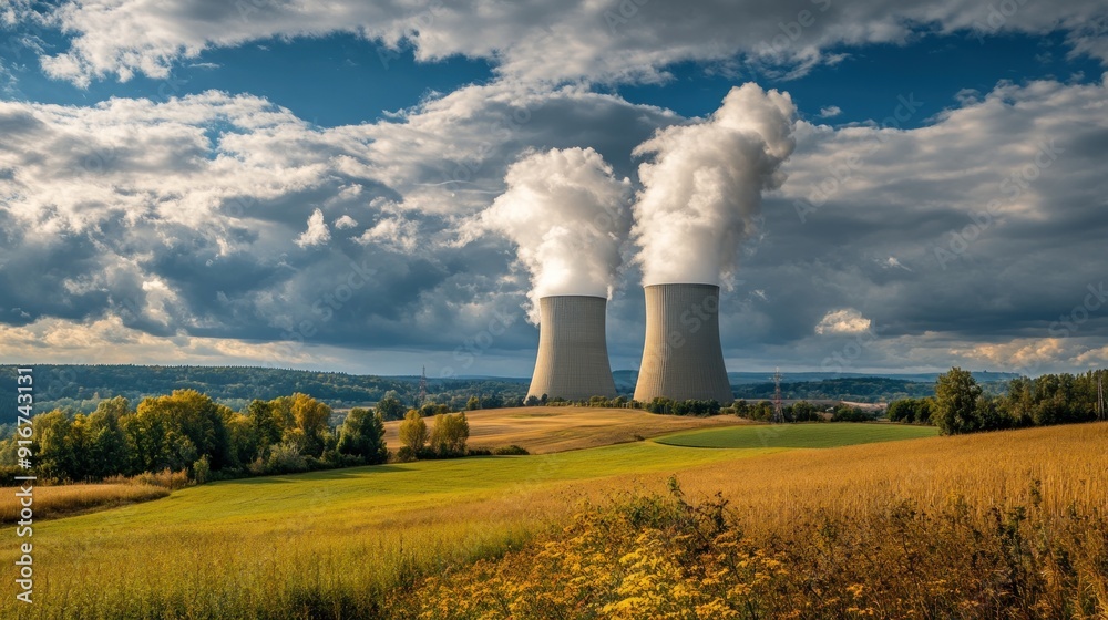 Cooling Towers and Steam Rising Above a Rural Landscape Cooling Towers and Steam Rising Above a Rural Landscape