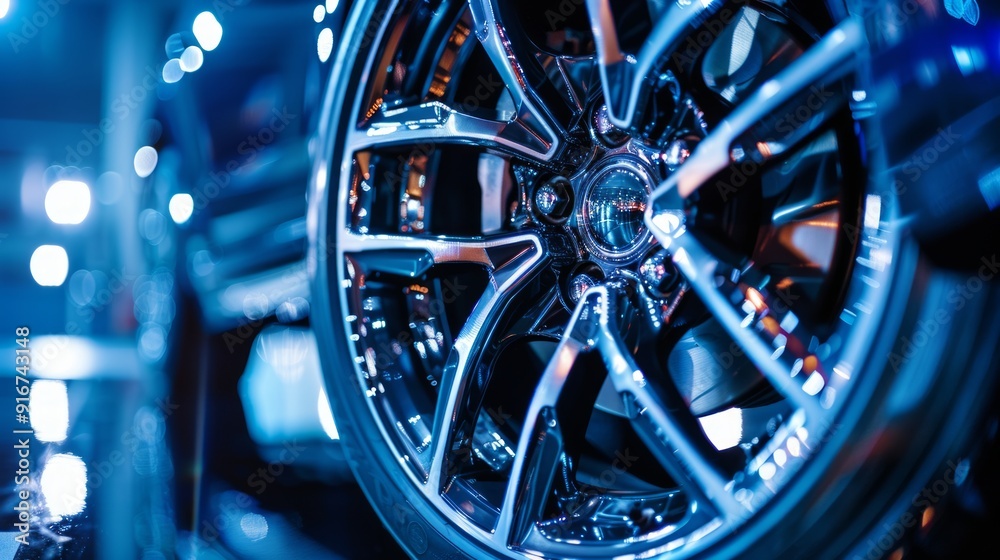 Close up view of a modern car alloy wheel reflecting blue studio lights, showcasing intricate details and shiny chrome surface Close up view of a modern car alloy wheel reflecting blue studio lights, showcasing intricate details and shiny chrome surface