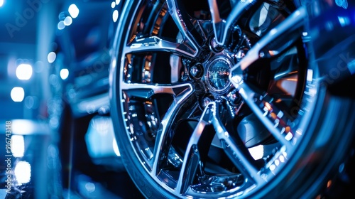 Obraz na płótnie Close up view of a modern car alloy wheel reflecting blue studio lights, showcasing intricate details and shiny chrome surface w salonie