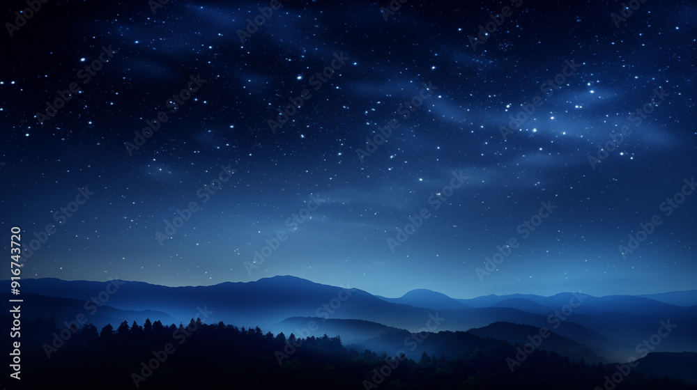 Starry Night Over Rolling Blue Mountains in a Misty Forested Landscape with a Clear Celestial Sky Starry Night Over Rolling Blue Mountains in a Misty Forested Landscape with a Clear Celestial Sky