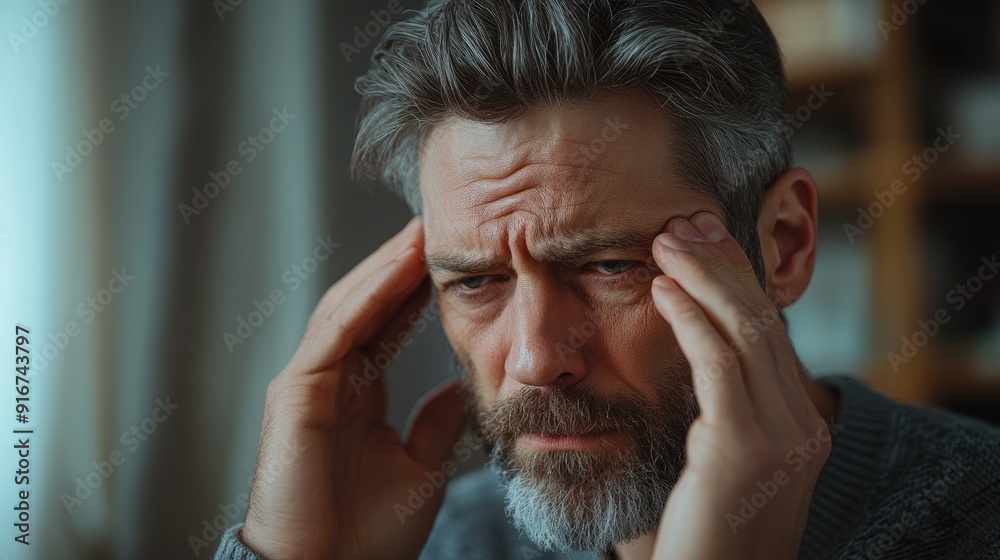Mature man suffering from a strong headache is touching his temples Mature man suffering from a strong headache is touching his temples