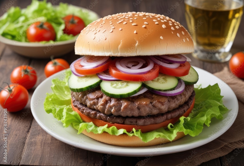 hamburger with onions, salat, tomatoes and curcumber, ai hamburger with onions, salat, tomatoes and curcumber, ai