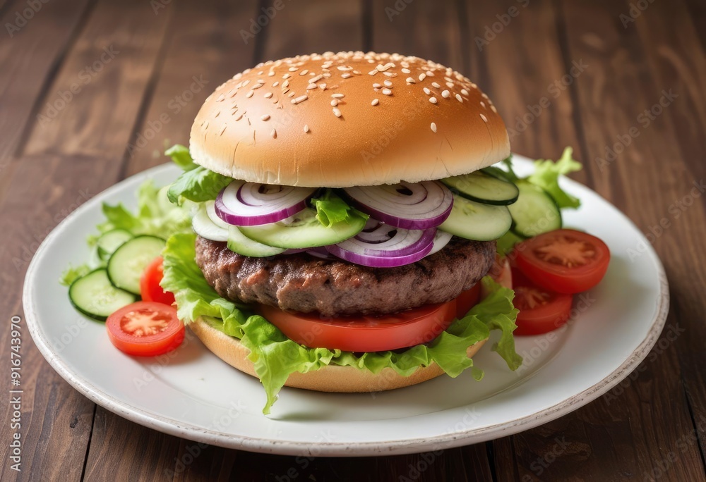 hamburger with onions, salat, tomatoes and curcumber, ai hamburger with onions, salat, tomatoes and curcumber, ai