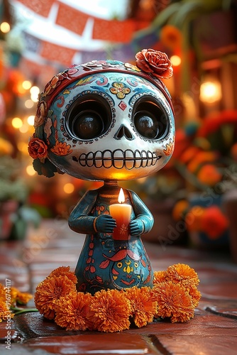 3D animated cartoon of a skull doll in a humorous pose, holding a candle, with marigold flowers at its base and vibrant papel picado in the blurred background, celebrating Day of the Dead