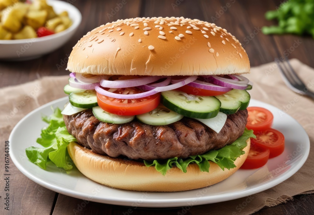 hamburger with onions, salat, tomatoes and curcumber, ai hamburger with onions, salat, tomatoes and curcumber, ai