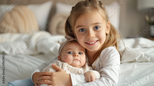 Happy child holding cute little sister while sitting on white bed