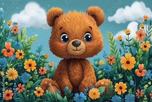 illustration background of a cute bear in garden
