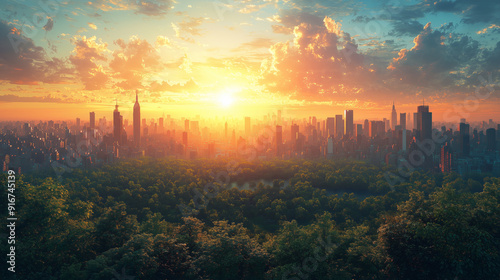 Cinematic transition from urban skyline to lush forest, split-screen effect, contrasting cityscapes and nature, hyper-realistic, dynamic lighting, vibrant colors transitioning from cool urban tones