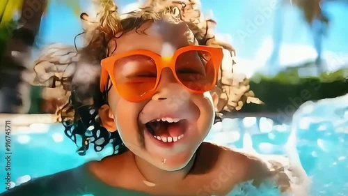 A joyful child with curly hair on Pool