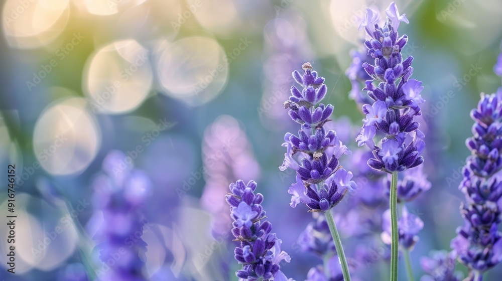Blooming lavender flowers in a field with a peaceful, tranquil background of green and yellow bokeh, eliciting the beauty of nature