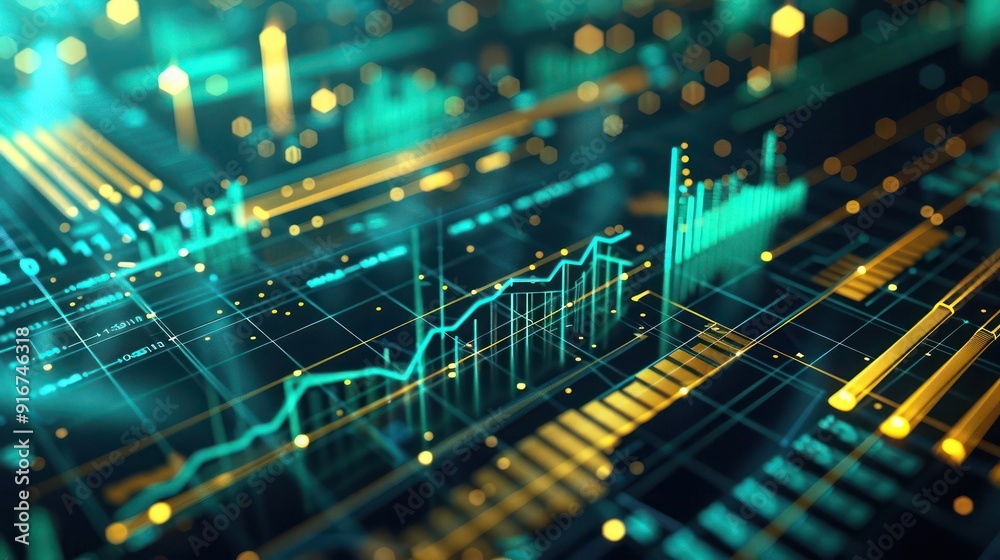 An engaging 3D abstract design featuring data visualizations in energetic teal and gold, with graphs and charts seamlessly integrated into the background An engaging 3D abstract design featuring data visualizations in energetic teal and gold, with graphs and charts seamlessly integrated into the background