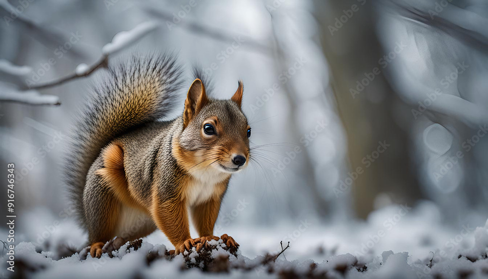 A small fluffy tailed squirrel climbs a steep, snowy cliff A small fluffy tailed squirrel climbs a steep, snowy cliff