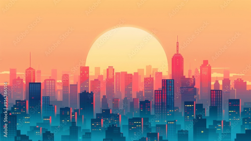 Flat design cityscape featuring geometric buildings and clean lines, with a minimalist aesthetic and a harmonious color palette.