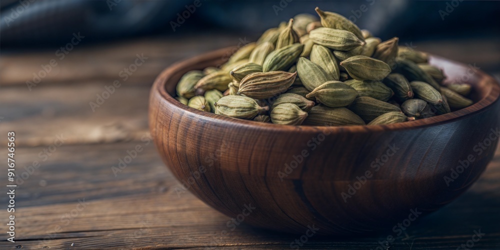 Wooden bowl filled with cardamom pods on rustic table Wooden bowl filled with cardamom pods on rustic table
