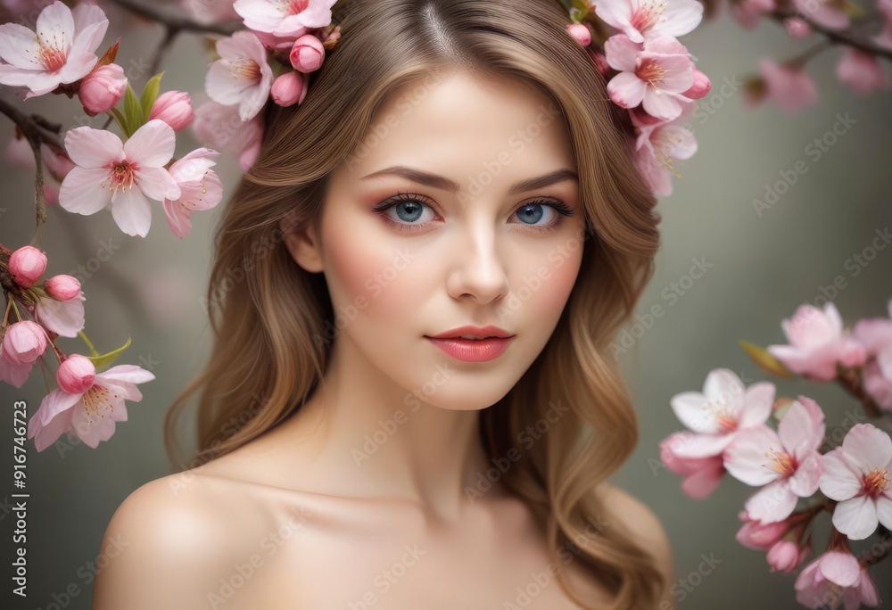 portrait of a woman with pink flowers, ai