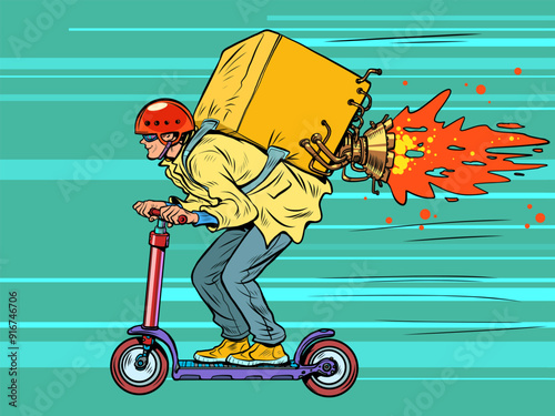 Pop Art Retro Male courier on a scooter with a jetpack. Fast and high-quality delivery anywhere. Incredible speed of transfer of goods to customers.