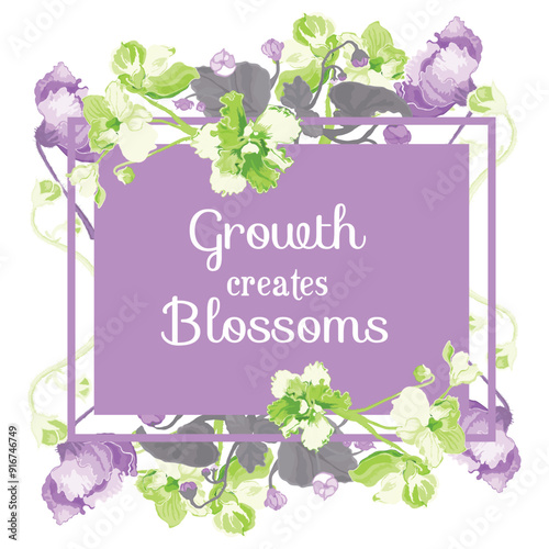 Flower silhouettes are put on a square frame on a brown background. Frame made from the African violet flower parts. Floral frame for any design ideas.