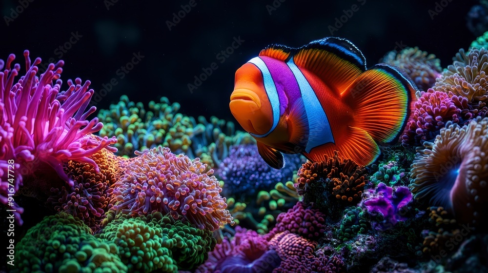 Fototapeta premium Coral Reef Aquarium Tank, Vibrant Marine Life
