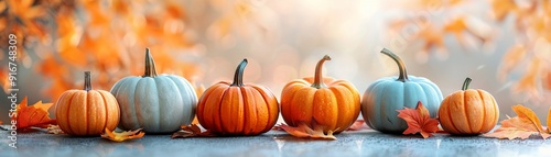 Seasonal composition with ripe harvest pumpkins and colorful fallen leaves on a soft, textured surface 8K , high-resolution, ultra HD,up32K HD photo