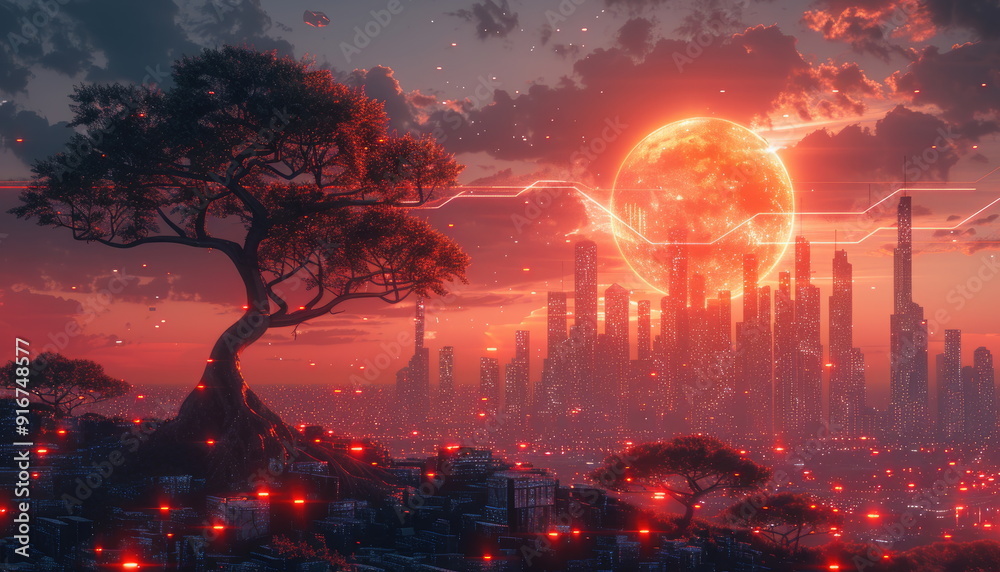 Obraz premium Red Moon Over Futuristic Cityscape