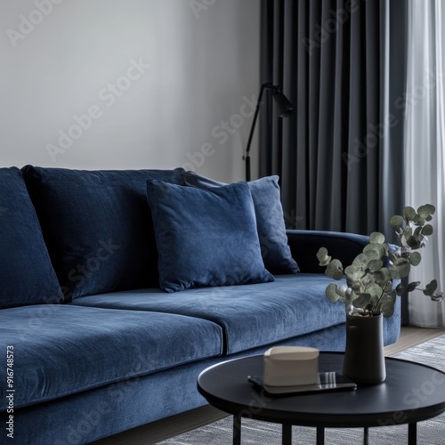 A blue couch with pillows and a vase of greenery on a coffee table. The couch is the main focus of the image, and the vase of greenery adds a touch of nature to the room