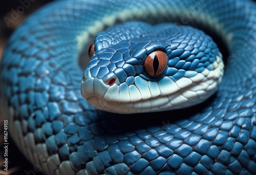 Blue viper snake closeup face, ai