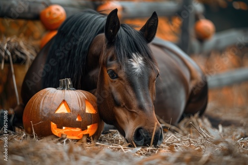 Horse and Halloween pumpkin in the forest, nature background