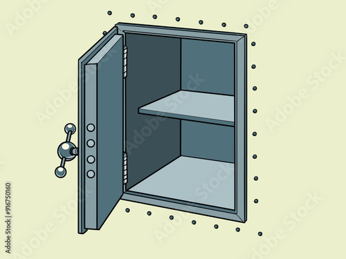 Pop Art Retro Empty metal open safe. The problem of theft and leakage of financial investments. Working on bank security for clients.