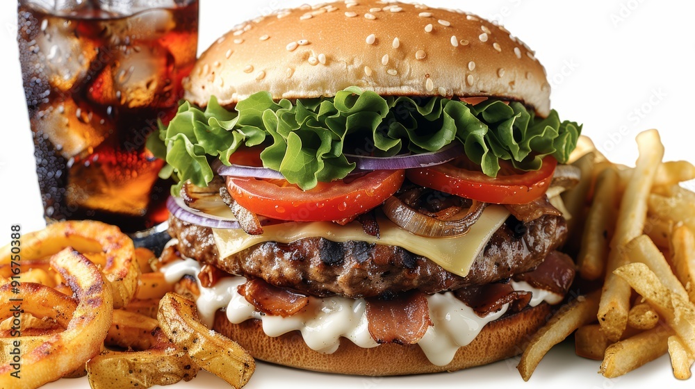 A delicious gourmet hamburger served with fries and a refreshing drink on a white background A delicious gourmet hamburger served with fries and a refreshing drink on a white background