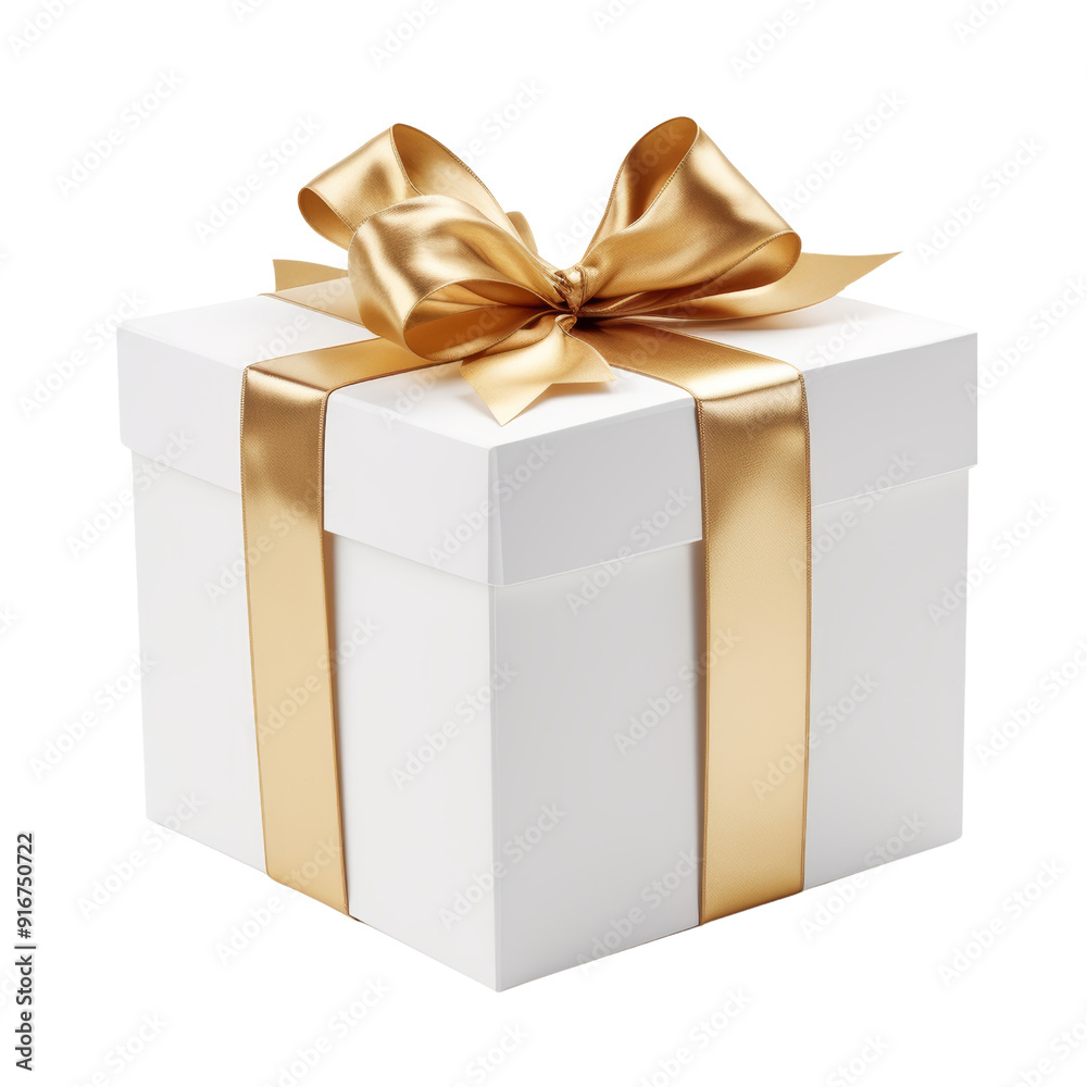 Obraz premium white gift box with gold ribbon isolated on transparent background cutout