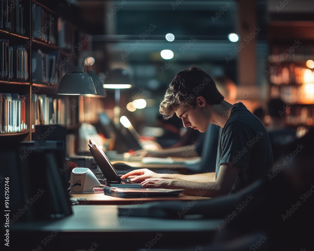 College students working late in the library, the soft glow of desk lamps illuminating focused faces, college life, dedication to studies College students working late in the library, the soft glow of desk lamps illuminating focused faces, college life, dedication to studies
