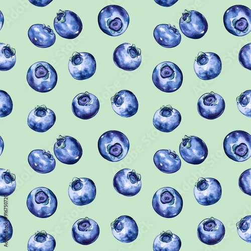 blueberry pattern, watercolor illustration on a light green background, in a minimalistic style for fabric and printed products design