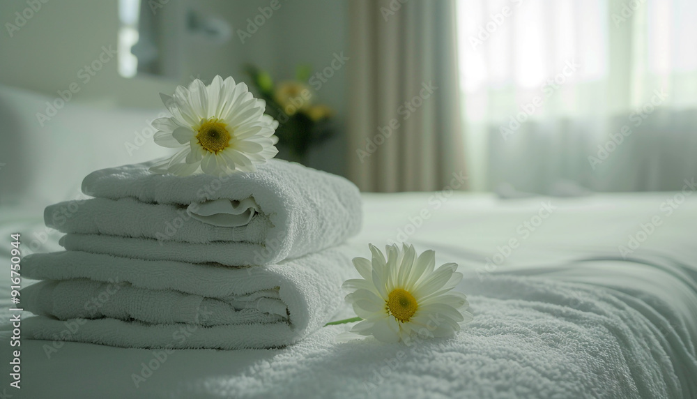 Flower on stack of white towels on bed in light