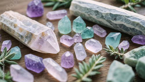 Gemstones, crystals and diamonds of different shapes and colors. Energy healing minerals and crystals set ready for spiritual practice.