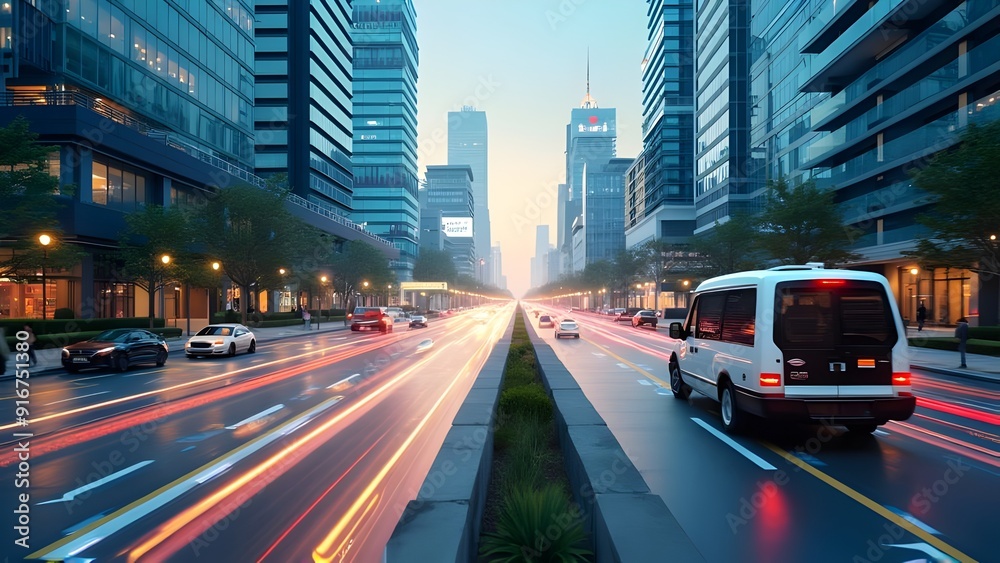 Naklejka premium The futuristic city with modern cars and skyscrapers downtown in an evening transportation system
