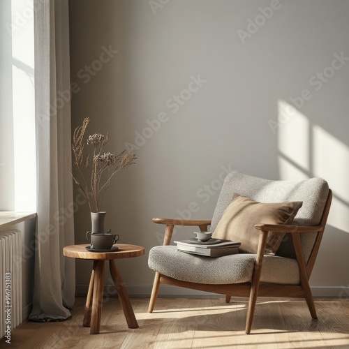 A wooden chair with a brown pillow and a book on it sits in front of a window. A vase with flowers sits on a small table next to the chair. The room is well-lit and has a cozy, inviting atmosphere