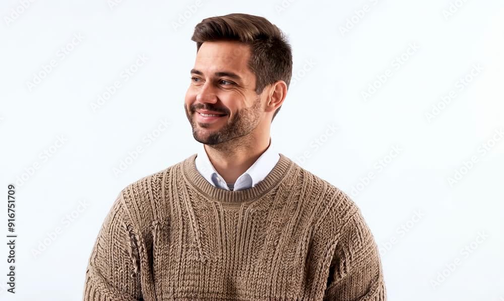 Group portrait video of a grinning man in his 30s wearing a cozy sweater against a white background Group portrait video of a grinning man in his 30s wearing a cozy sweater against a white background