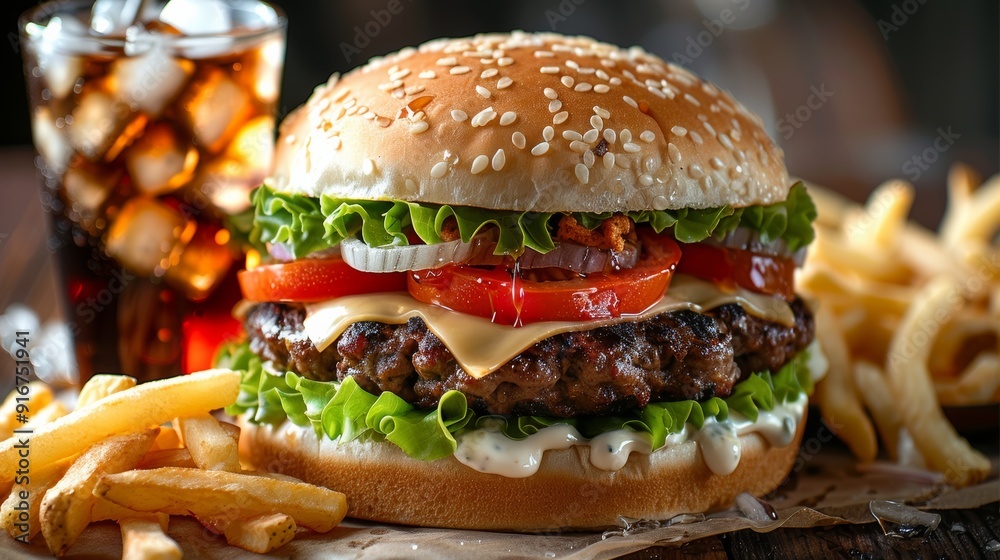 A delicious burger with lettuce, tomato, and cheese served with fries and a cold drink A delicious burger with lettuce, tomato, and cheese served with fries and a cold drink