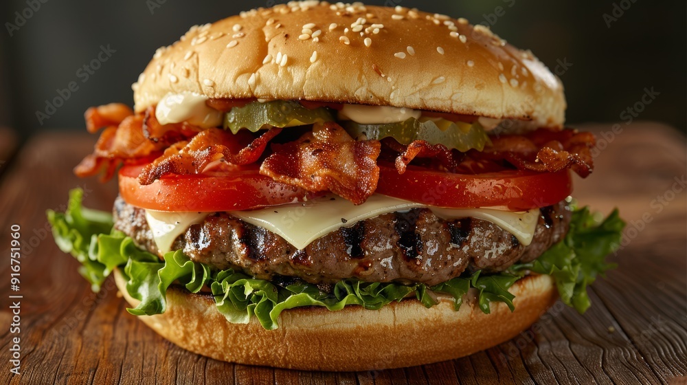 Juicy grilled burger piled high with crispy bacon, fresh lettuce, tomatoes, and tangy pickles on a sesame seed bun Juicy grilled burger piled high with crispy bacon, fresh lettuce, tomatoes, and tangy pickles on a sesame seed bun