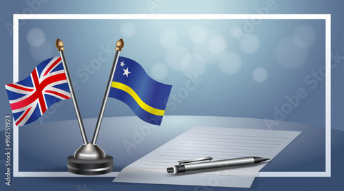 United Kingdom and Curacao Small national flag on bokeh background, cooperative relationship