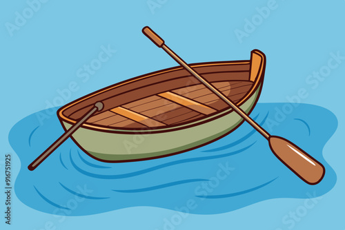 A small wooden rowing boat floating on water art vector illustration