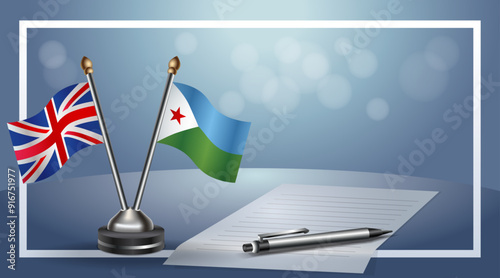 United Kingdom and Djibouti Small national flag on bokeh background, cooperative relationship